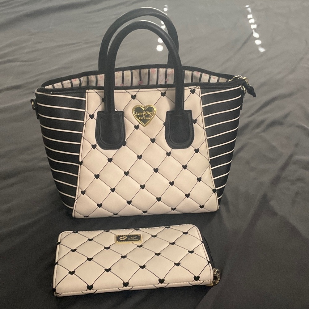 Betsey Johnson Black and White Striped Satchel and Wallet